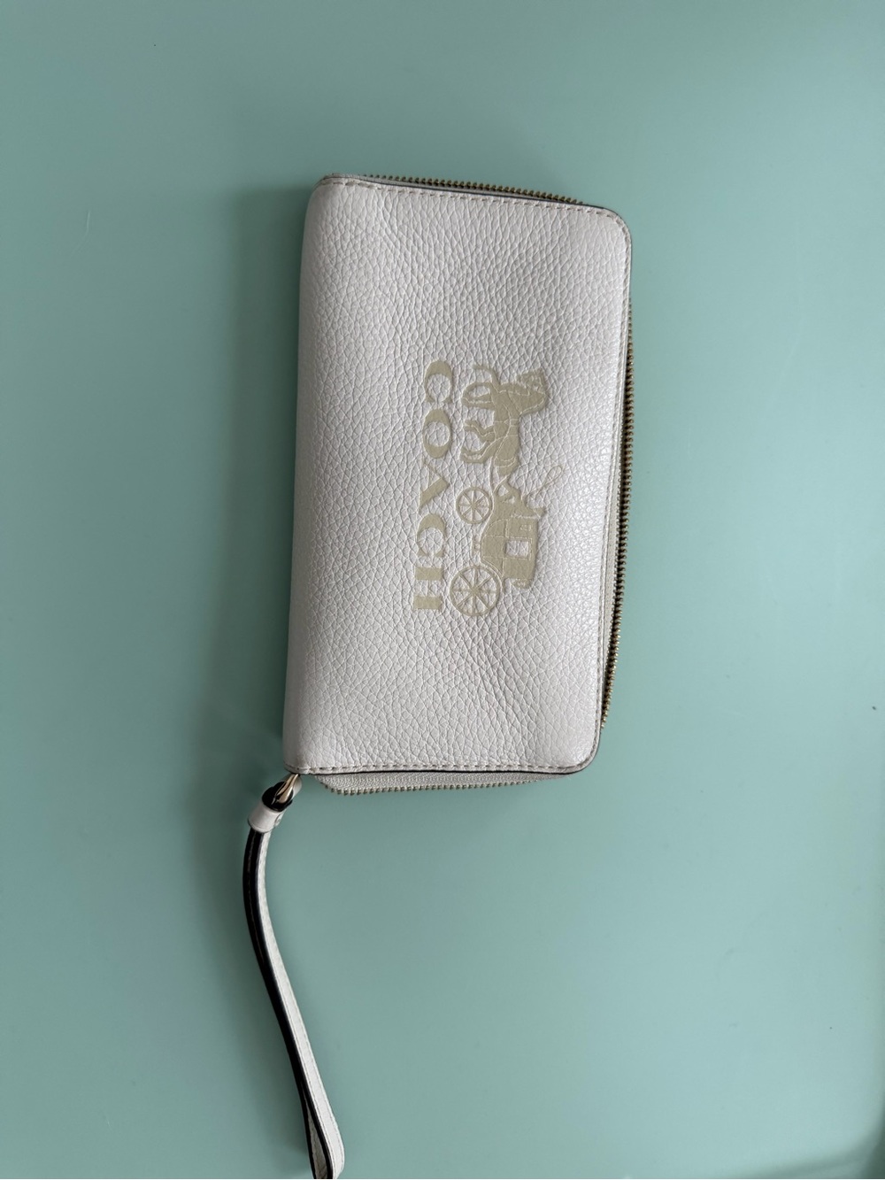 Coach White Pebbled Leather Zip Wristlet with Logo Carriage